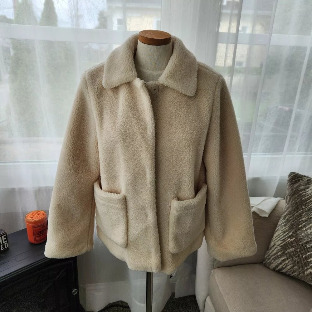 Rebecca Minkoff Harley Teddy Sherpa Fleece Jacket Ivory Large